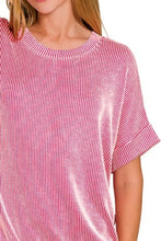 Pink and White Corded Rib Short Sleeve Blouse for Women Woman T Shirts