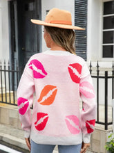 Pink and White Lip Print Sweater with Long Sleeve Length Sweater Pullovers