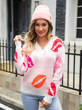 Pink and White Lip Print Sweater with Long Sleeve Length Sweater Pullovers