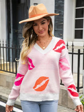 Pink and White Lip Print Sweater with Long Sleeve Length White Sweater Pullovers