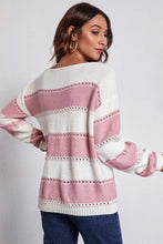 Pink and White Off Shoulder Striped Sweater with Moderate Stretch Sweater Pullovers