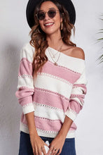 Pink and White Off Shoulder Striped Sweater with Moderate Stretch Sweater Pullovers