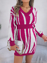 Pink and White Zebra Sweater Dress with Long Sleeve Length Cerise Woman Sweater Dresses