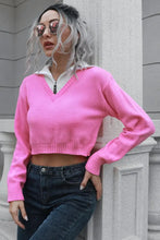 Pink Cropped Sweater with Zipper Detail and White Collar Sweater Pullovers