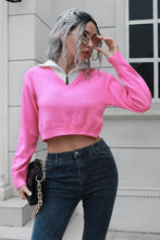 Pink Cropped Sweater with Zipper Detail and White Collar Pink Sweater Pullovers