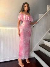 Pink Floral Off Shoulder Ruffled Maxi Dress with Lined Material Evening Dresses