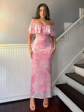 Pink Floral Off Shoulder Ruffled Maxi Dress with Lined Material Evening Dresses