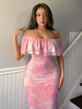 Pink Floral Off Shoulder Ruffled Maxi Dress with Lined Material Evening Dresses