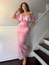 Pink Floral Off Shoulder Ruffled Maxi Dress with Lined Material Pink Evening Dresses