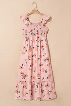 Pink Floral Smocked Maxi Dress Polyester Machine Washable Casual Dresses