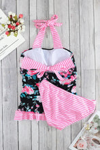 Pink Floral Striped Halter Tankini Swim Set with Frill Trim Woman Swim sets
