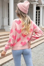 Pink Heart Pattern Sweater Round Neck Long Sleeve Pullover Sweater Pullovers