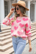 Pink Heart Pattern Sweater Round Neck Long Sleeve Pullover Sweater Pullovers