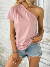 Pink One Shoulder Top with Short Sleeve Length Blush Pink Woman T Shirts