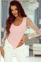 Pink Ribbed Bodysuit with Swiss Dot Sheer Long Sleeves Woman Bodysuits