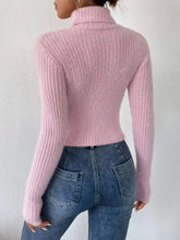 Pink Ribbed Cropped Turtleneck Sweater Long Sleeve Acrylic Pullover Sweater Pullovers