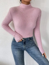 Pink Ribbed Cropped Turtleneck Sweater Long Sleeve Acrylic Pullover Sweater Pullovers