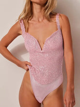 Pink Sequined V Neck Bodysuit for Women Woman Bodysuits