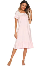 Pink Short Sleeve Buttoned Nightgown with Lace Trim Dresses