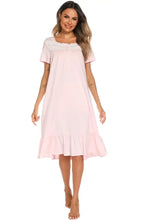 Pink Short Sleeve Buttoned Nightgown with Lace Trim Dresses