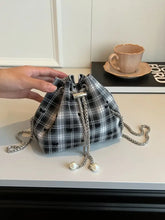 Plaid Drawstring Bucket Bag with Pearl Accents and Chain Strap Style A One Size Shoulder Bags