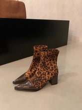 Leopard Print Ankle Boots with Block Heel and Pointed Toe Woman Boots