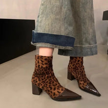 Leopard Print Ankle Boots with Block Heel and Pointed Toe Woman Boots