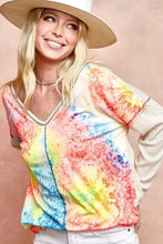 Print Block V Neck Top with Contrast Stitching for Women Woman T Shirts