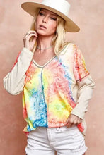 Print Block V Neck Top with Contrast Stitching for Women Woman T Shirts