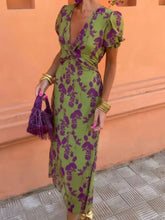 Printed Plunge Short Sleeve Midi Dress Casual Dresses