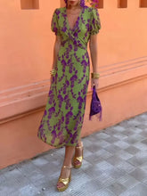 Printed Plunge Short Sleeve Midi Dress Casual Dresses