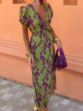 Printed Plunge Short Sleeve Midi Dress Moss Casual Dresses