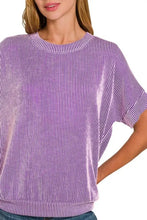 Purple and White Corded Rib Short Sleeve Blouse for Women Woman T Shirts