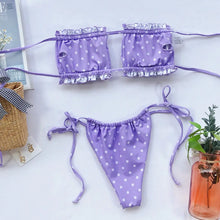 Purple Polka Dot Bikini Set with Removable Padding and Tie Side Bottoms Swimwear