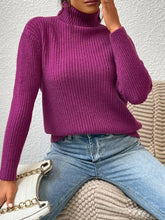 Purple Ribbed Turtleneck Sweater with Long Sleeves Polyester Sweater Pullovers