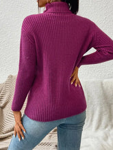 Purple Ribbed Turtleneck Sweater with Long Sleeves Polyester Sweater Pullovers