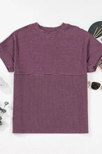 Purple Striped Short Sleeve Ribbed Knit Top for Women Woman T Shirts