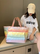 Rainbow Puffer Tote Bag with Pink Straps Light Green One Size Travel Bags