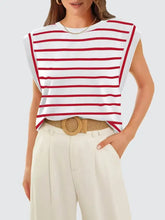 Red and White Striped Sleeveless Top with Wide Leg Pants Set Red Woman T Shirts