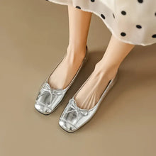 Red Leather Ballet Flats with Bow Detail for Women Silver Woman Loafers