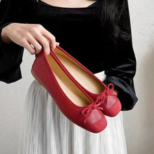 Red Leather Ballet Flats with Bow Detail for Women Woman Loafers