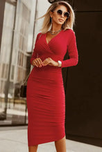 Red Long Sleeve Midi Dress with Ruched Detailing Deep Red Evening Dresses
