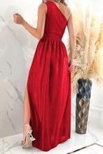 Red One Shoulder Maxi Evening Gown with Thigh High Slit Maxi Dresses