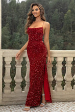 Red Sequin Spaghetti Strap Evening Gown with High Slit Evening Dresses