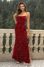 Red Sequin Spaghetti Strap Evening Gown with High Slit Evening Dresses