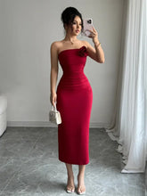 Red Strapless Midi Dress with Flower Accent Evening Dresses
