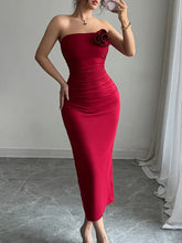 Red Strapless Midi Dress with Flower Accent Evening Dresses
