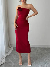 Red Strapless Midi Dress with Flower Accent Evening Dresses