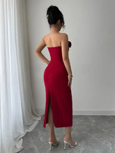 Red Strapless Midi Dress with Flower Accent Evening Dresses