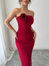 Red Strapless Midi Dress with Flower Accent Scarlet Evening Dresses